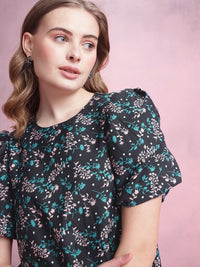 DressBerry Floral Print Puff Sleeve A-Line Dress