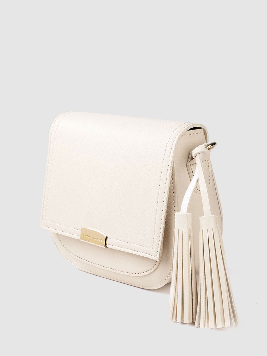 Lino Perros Women Cream-Coloured Solid Sling Bag with Tasselled Detail
