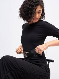 SASSAFRAS Black Ruched Bodycon Midi Dress