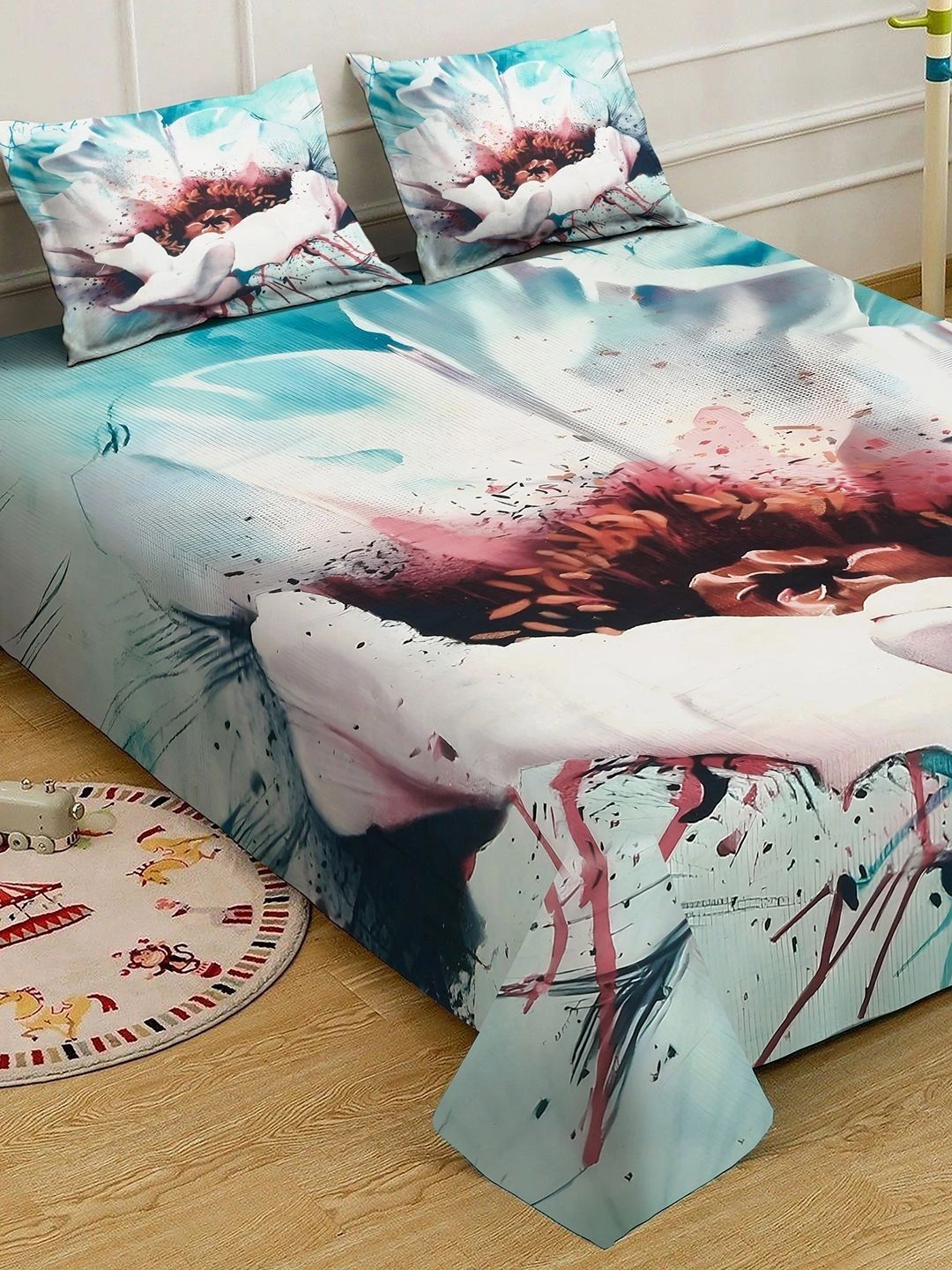 Moda Rapido X KLOTTHE Green & Pink Floral 400 TC Bedsheet with 2 Pillow Covers