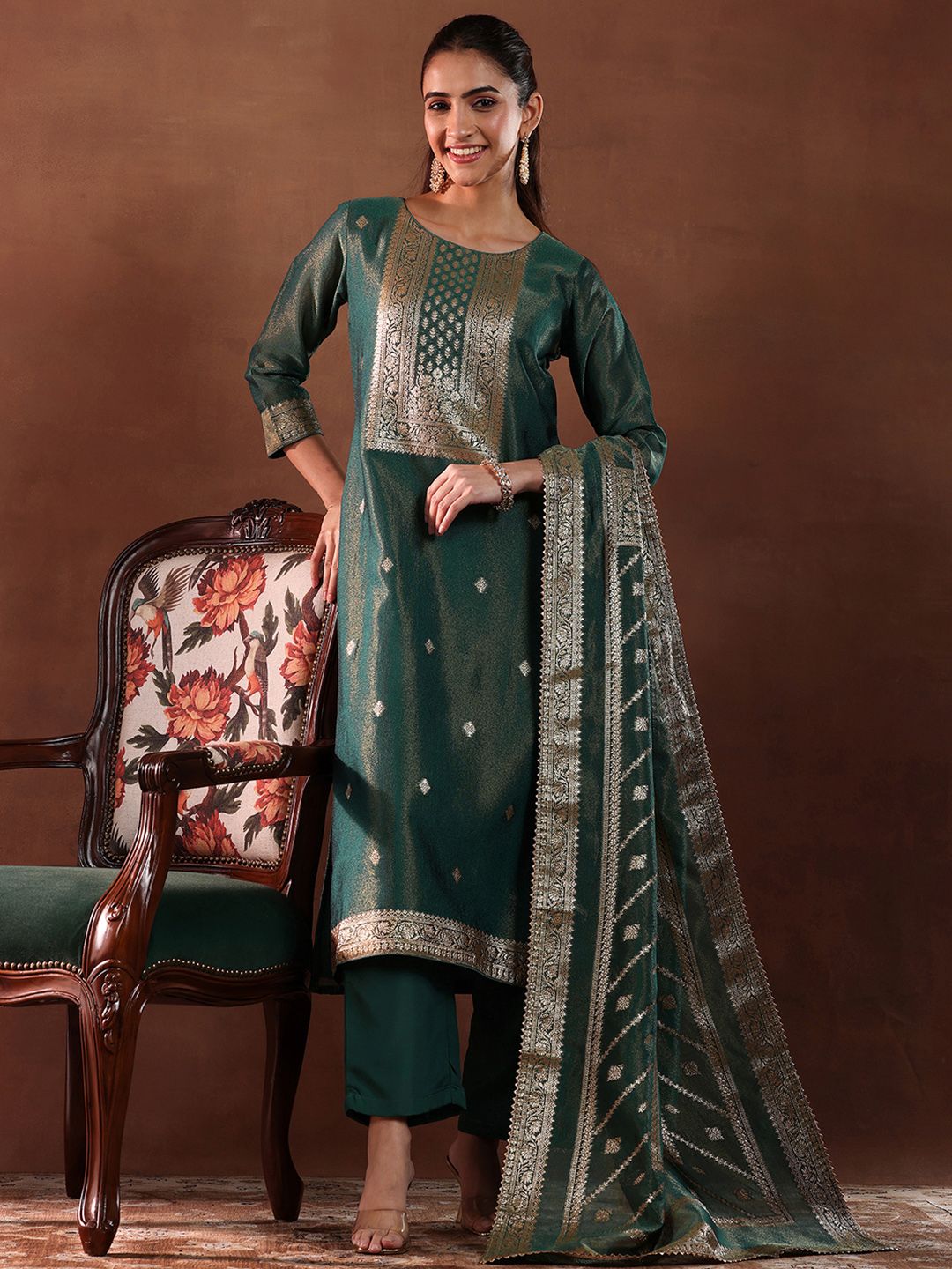 Libas Green and Gold Ethnic Motifs Woven Design Straight Kurta with Trouser & Dupatta