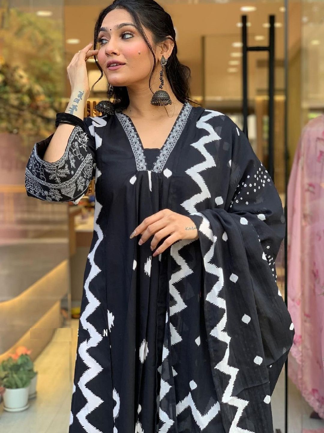 KALINI Geometric Printed Notch Neck Pleated A-Line Kurta With Trouser And Dupatta