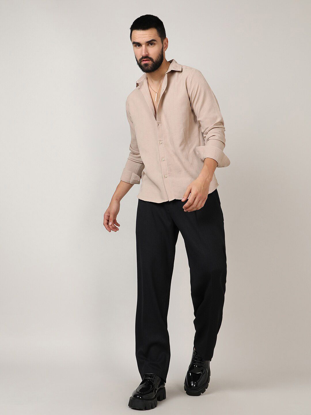 Campus Sutra Beige Classic Geometric Self Design Spread Collar Casual Shirt
