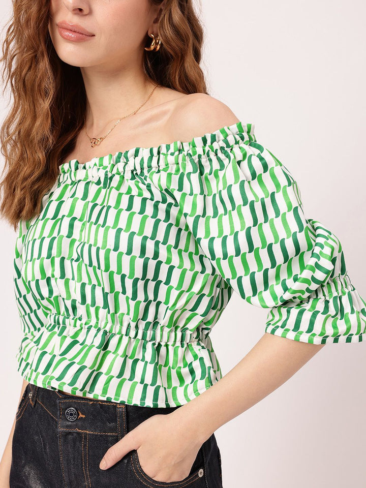 Tranquility Charm Printed Off-Shoulder Peplum Crop Top