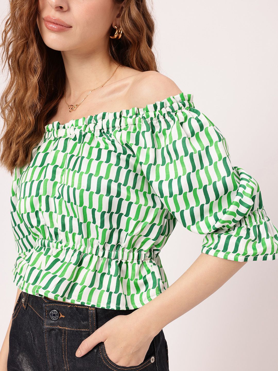 Tranquility Charm Printed Off-Shoulder Peplum Crop Top