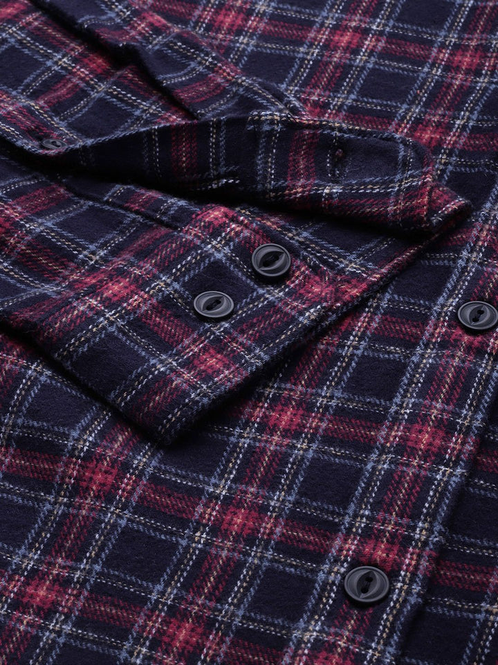 THE BEAR HOUSE Men Navy Blue & Maroon Slim Fit Checked Flannel Cotton Casual Shirt