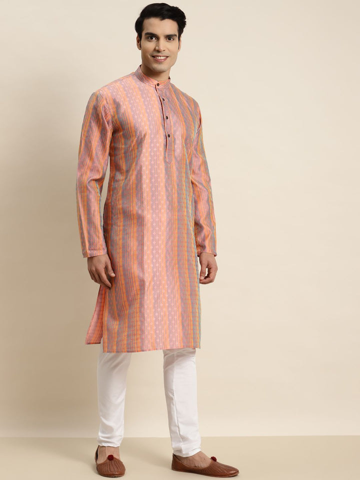 SOJANYA Men Peach-Coloured & Mauve Ethnic Motifs Printed Jacquard Kurta