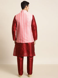 SOJANYA Kurta Lelaki Maroon & Pink dengan Piyama & Jaket Nehru Bersulam