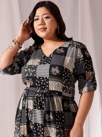 CURVY STREET Black Geometric Printed V-Neck Flared Fit & Flare Dress