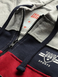 The Indian Garage Co Men Grey Melange & Navy Blue Colourblocked Hooded Sweatshirt