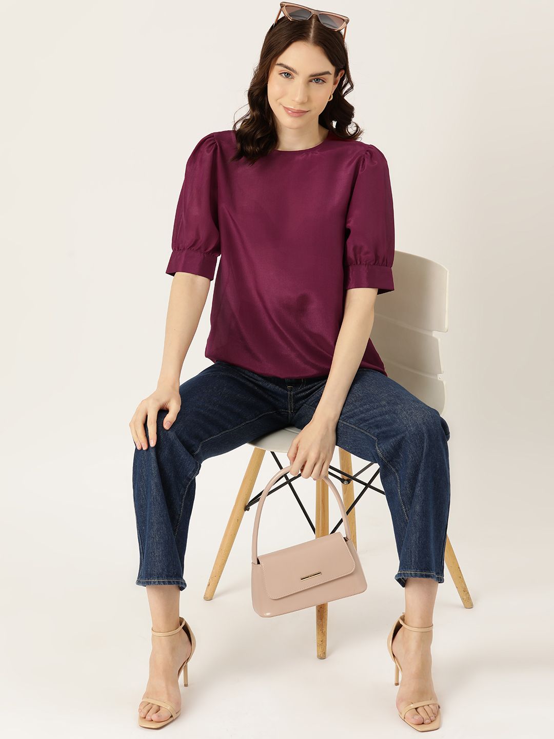 DressBerry Solid Puff Sleeves Top