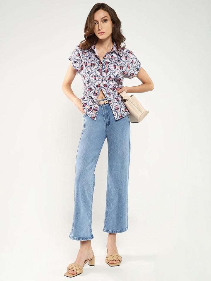 Rareism Geometric Print Extended Sleeves Shirt Shirt Gaya Atas