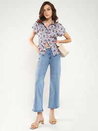 Rareism Geometric Print Extended Sleeves Shirt Shirt Gaya Atas