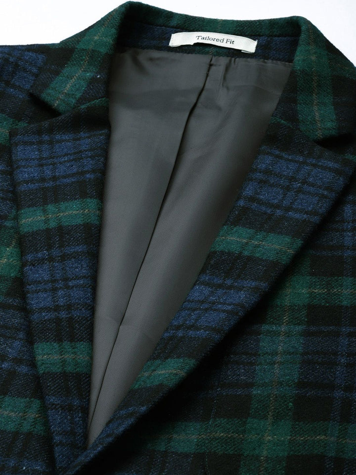 Mr Bowerbird Men Green And Navy Blue Checked Single Breasted Tailored Fit Tweed Blazer