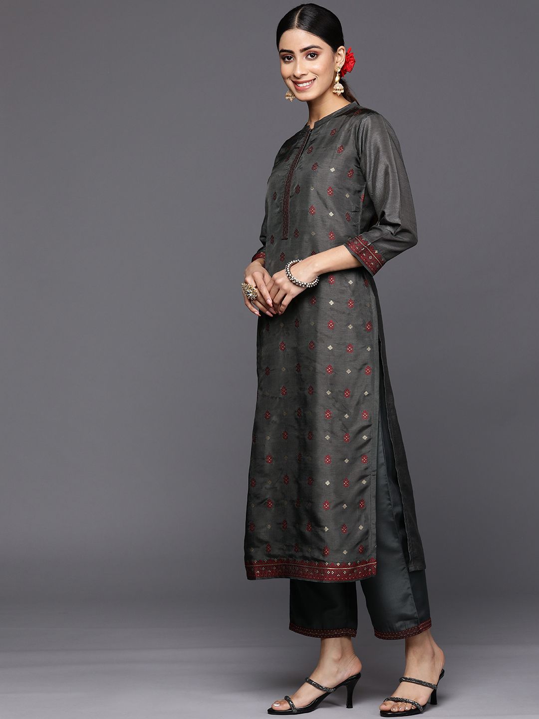 Libas Women Charcoal Floral Kurta with Trousers & With Dupatta