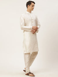 SOJANYA Men Off White Solid Kurta with Churidar & Ethnic Jacket