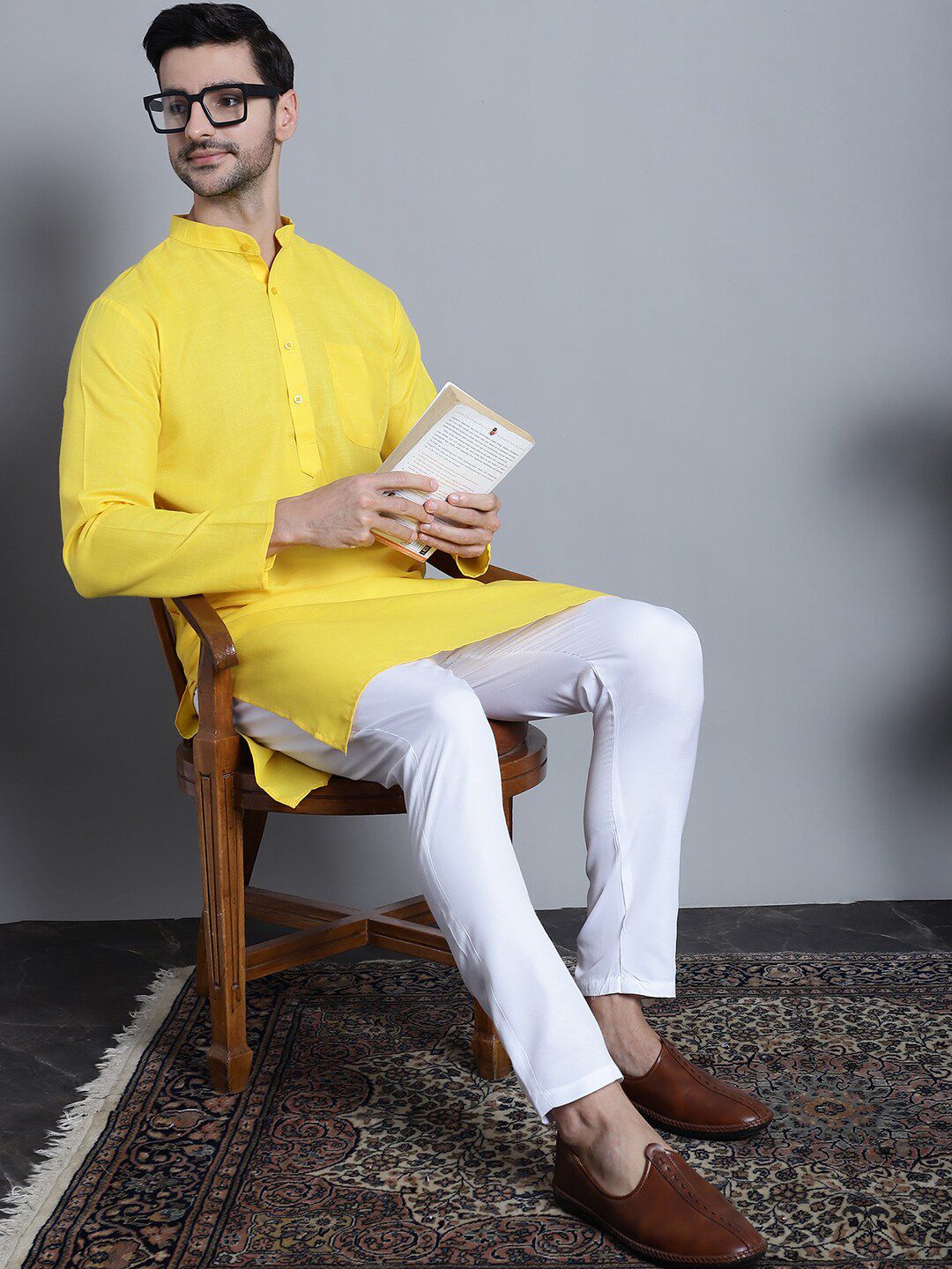 Jompers Band Collar Regular Pure Cotton Kurta with Churidar