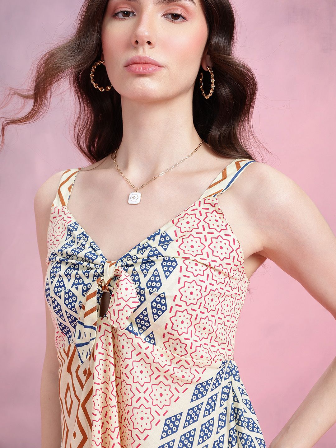 DressBerry Print Knot Detail Pure Cotton A-Line Midi Dress