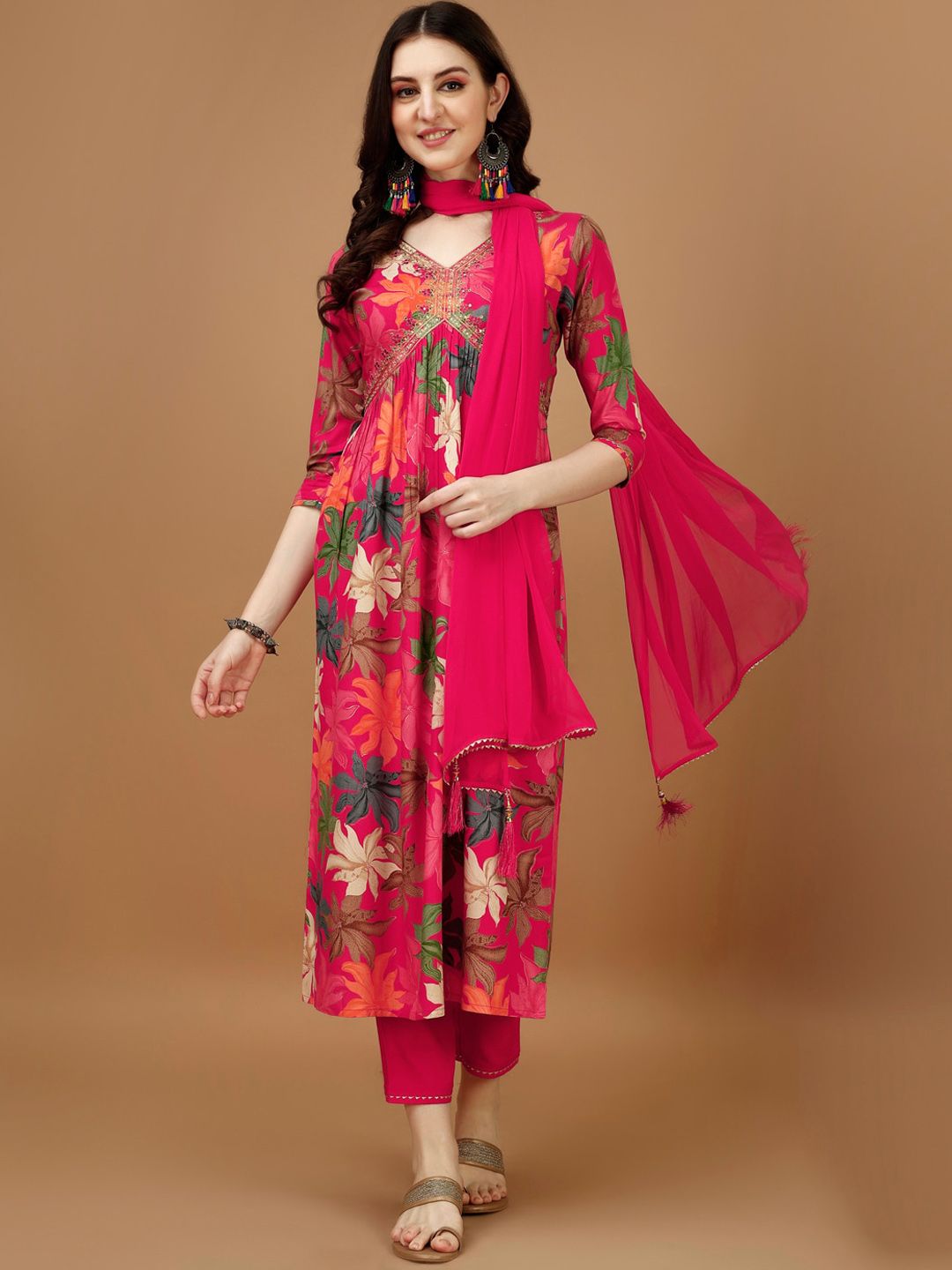 KALINI Floral Printed Kurta & Trousers With Dupatta