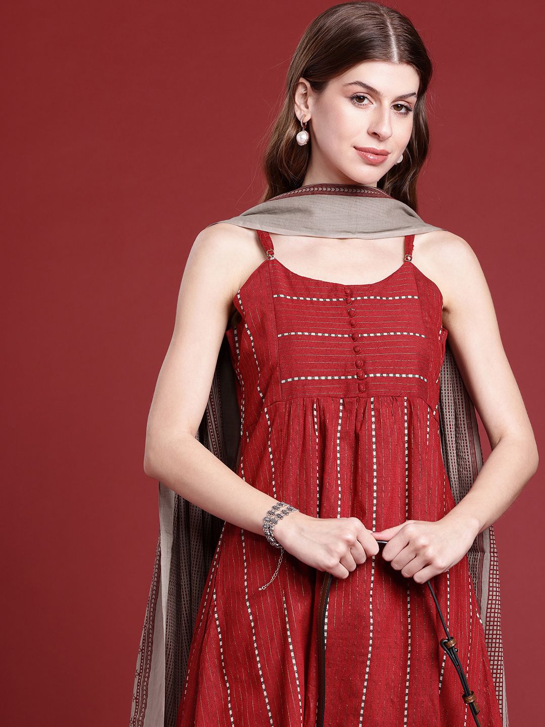 Anouk Women Woven Design A-Line Kurta With Trousers & Printed Dupatta