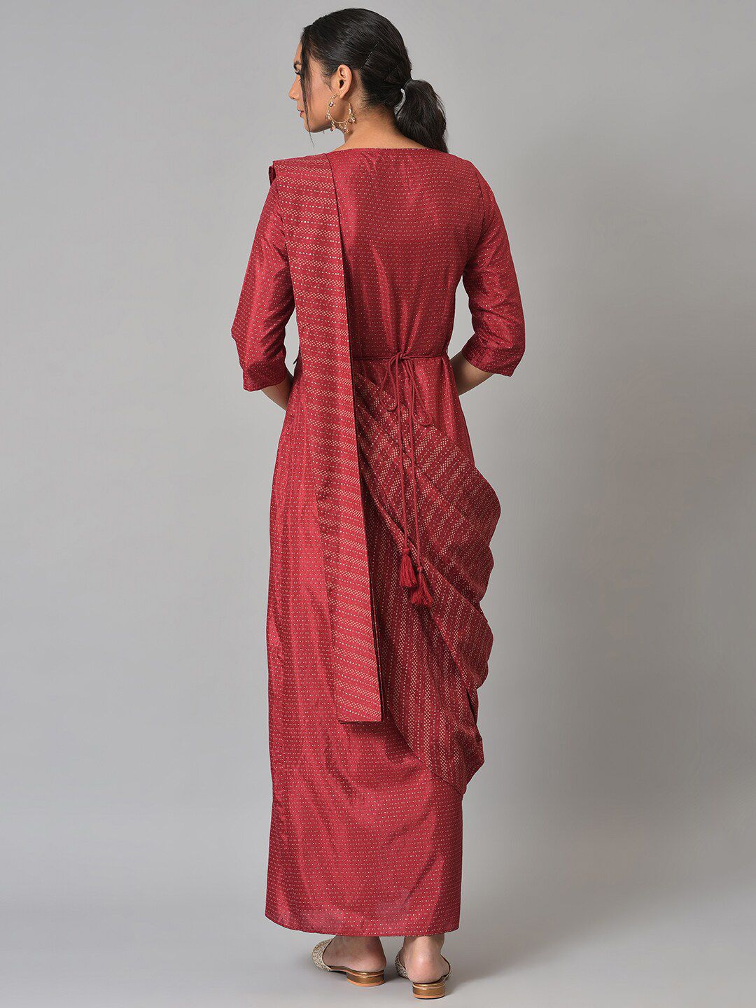 W Satin Maxi Insta Saree Dress with Embroidered Belt