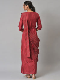 W Satin Maxi Insta Saree Dress with Embroidered Belt