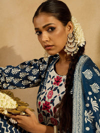 Indo Era Ethnic Motifs Printed Thread Work Pure Cotton Straight Kurta & Trousers & Dupatta