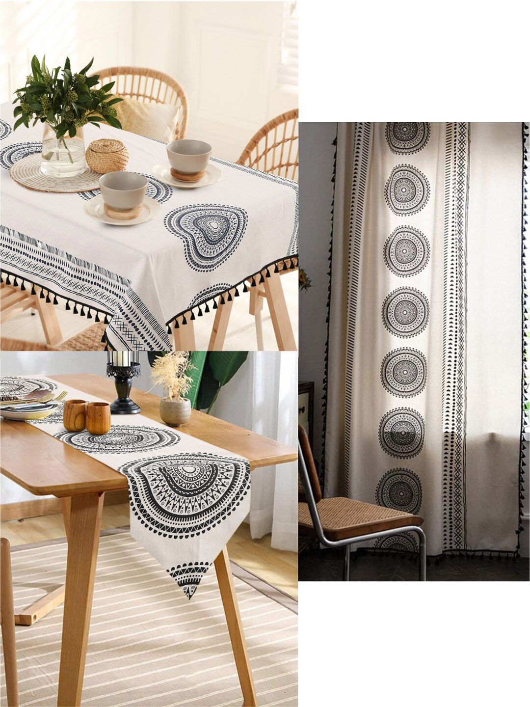 URBAN SPACE White & Black Ethnic Motifs Printed Pure Cotton 4-Seater Table Cover