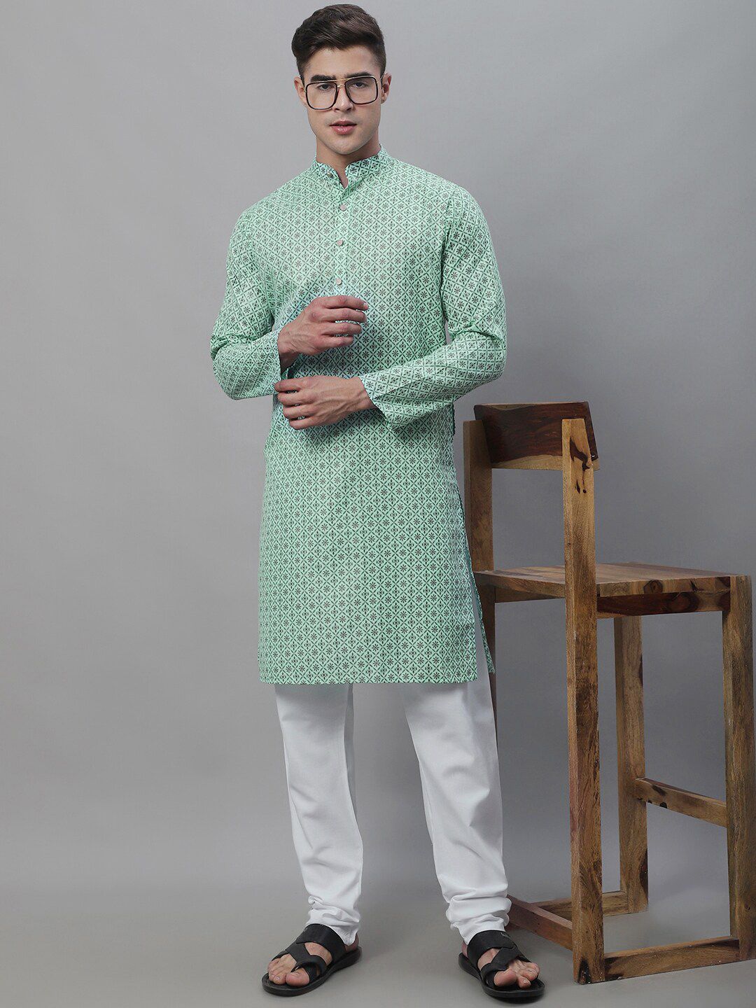 SOJANYA Motif Etnik Kerajang Bercetak Cotton Linen Kurta Dengan Churidar