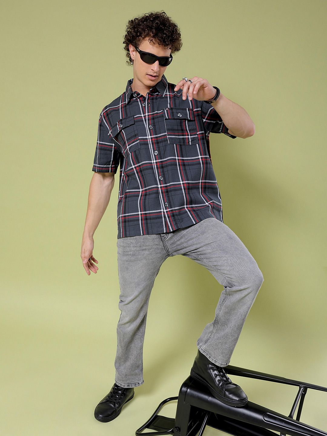 The Indian Garage Co Boxy Windowpane Checks Opaque Twill Cotton Casual Shirt