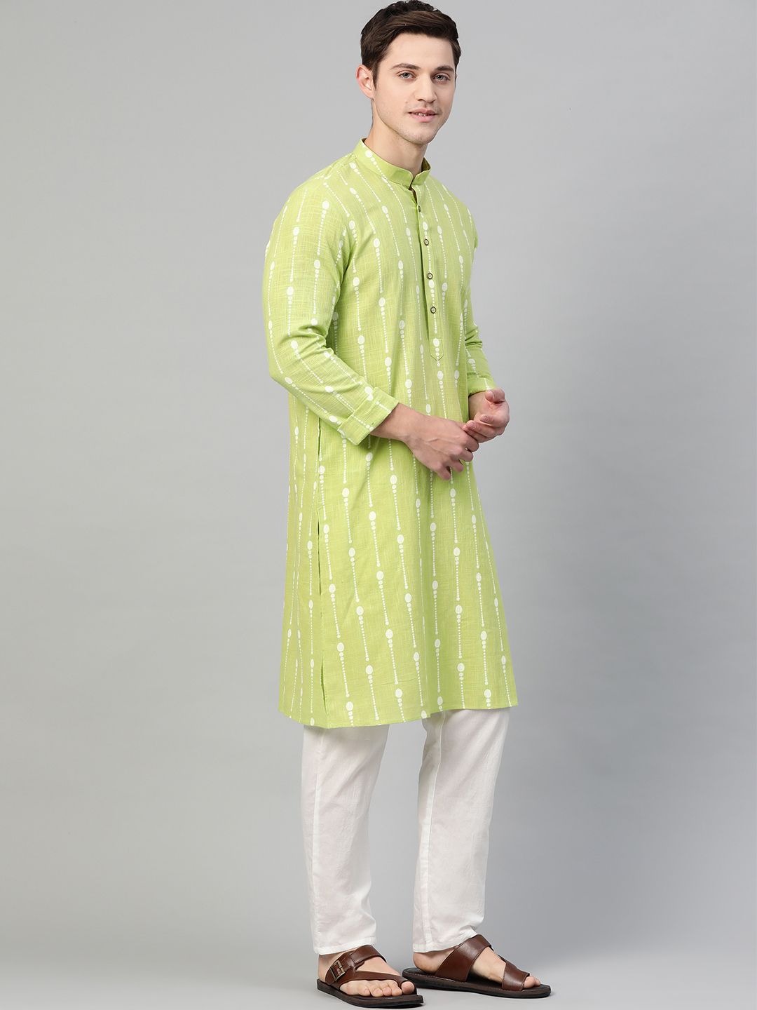 See Designs Men Lime Green & White Printed Pure Cotton Straight Kurta