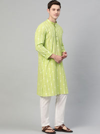 See Designs Men Lime Green & White Printed Pure Cotton Straight Kurta