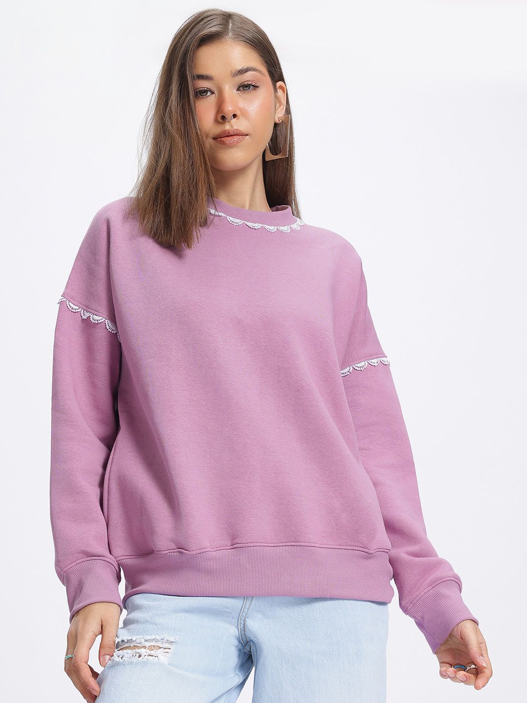 DressBerry Lace Insert Detail Drop-Shoulder Sleeve Sweatshirt