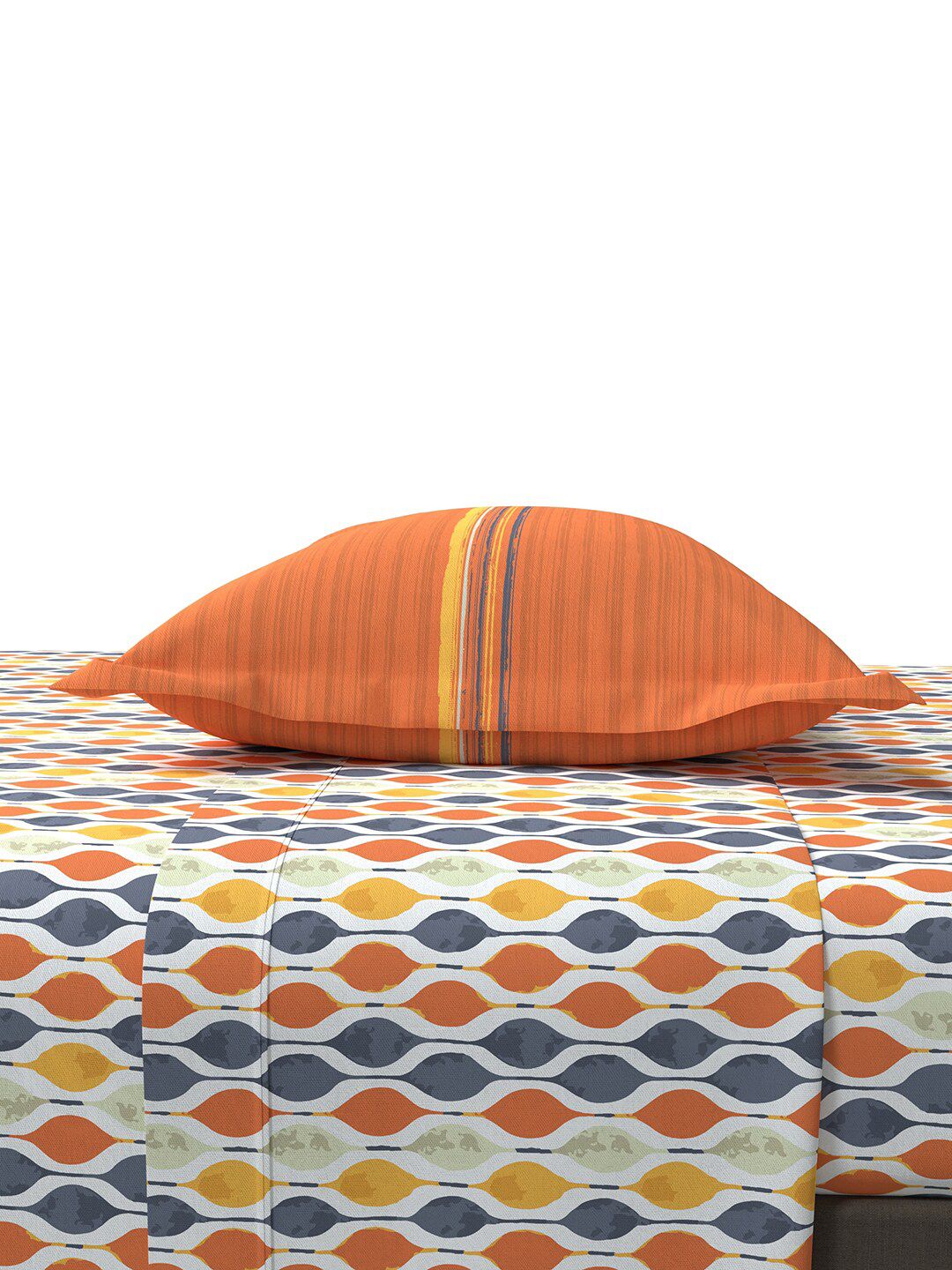 MYTRIDENT Orange  White Geometric Cotton 144 TC Queen Bedsheet With 2 Pillow Covers
