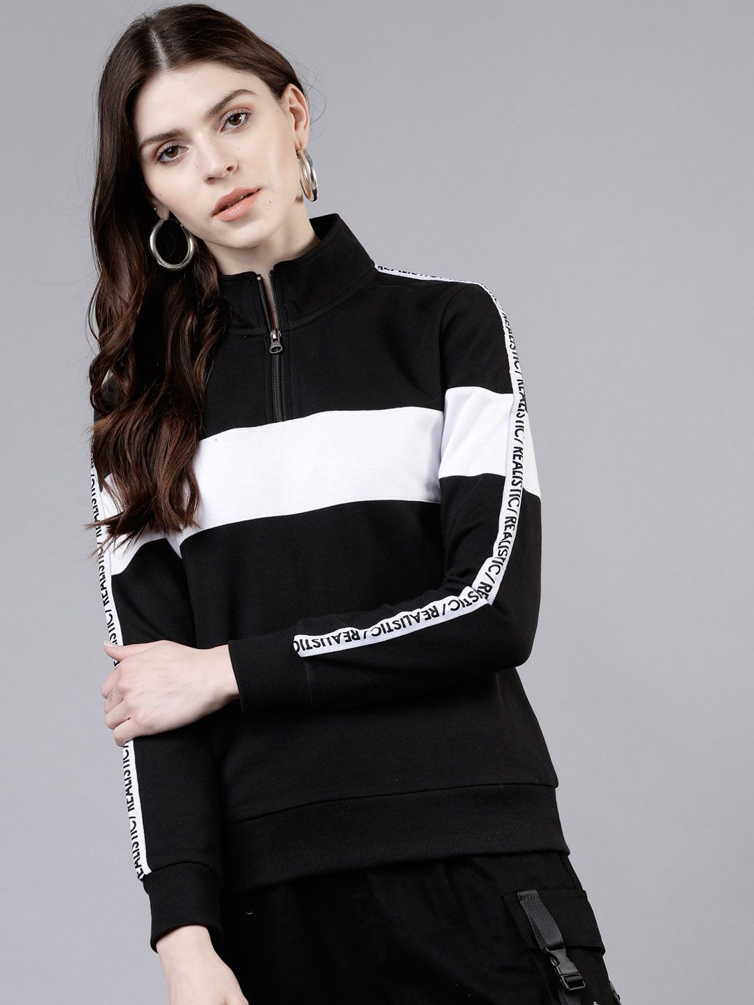 Tokyo Talkies Women Black & White Colourblocked Pullover Sweatshirt