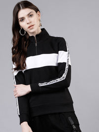 Tokyo Talkies Women Black & White Colourblocked Pullover Sweatshirt