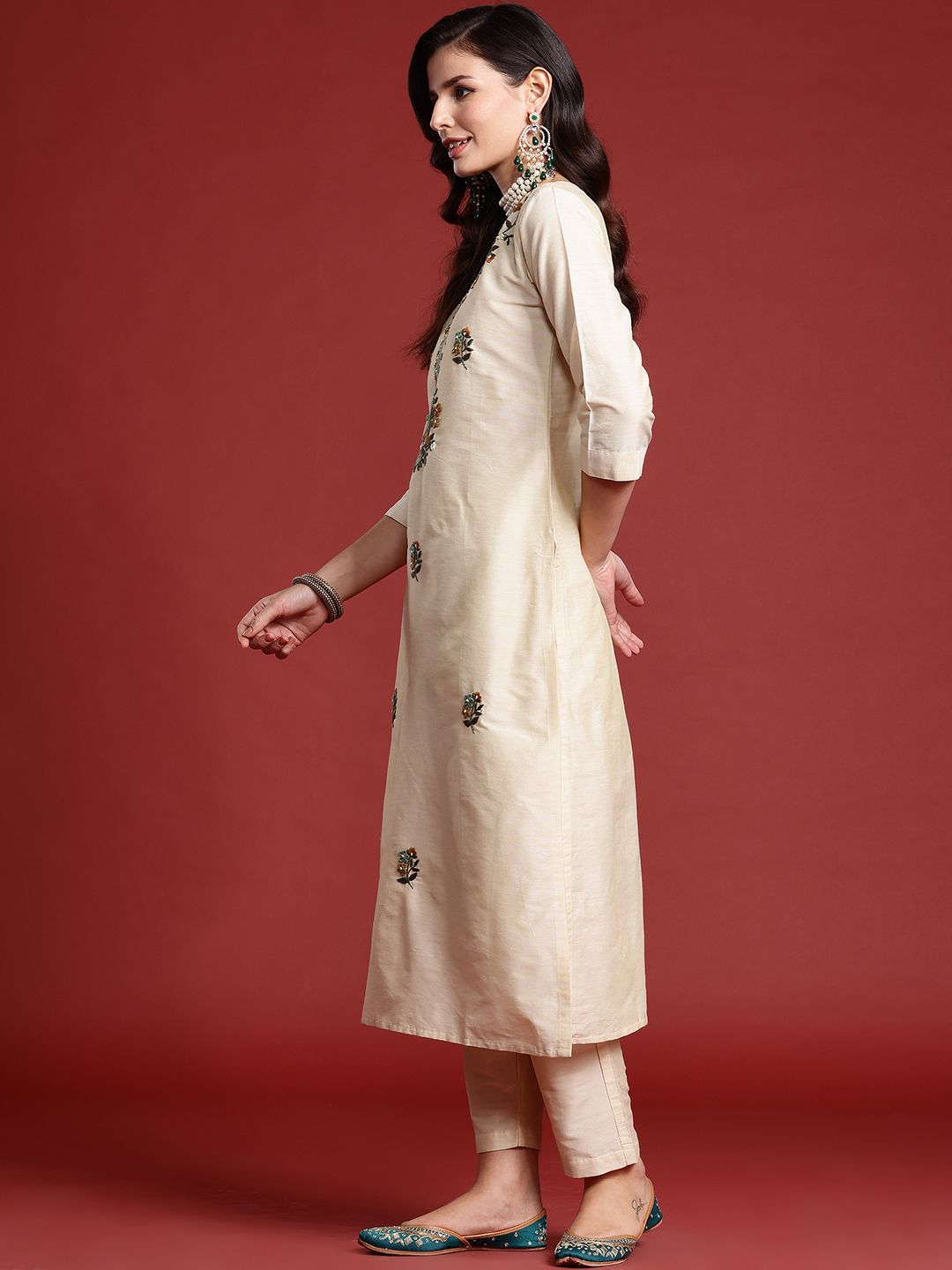 Indo Era Floral Embroidered Thread Work Kurta with Trousers & With Dupatta