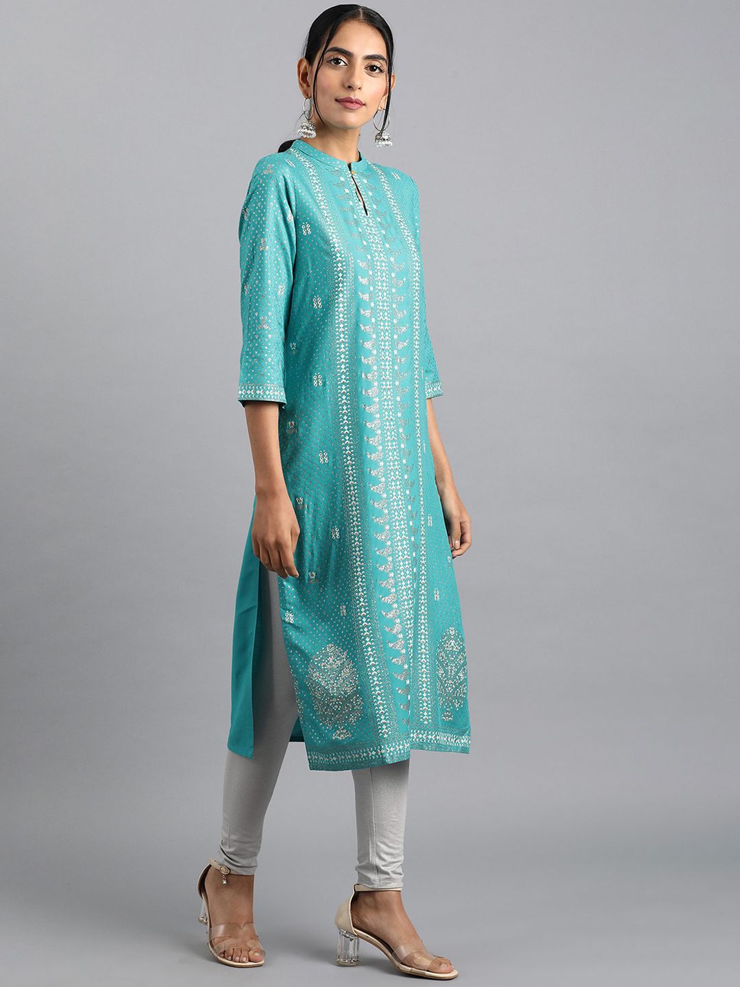 W Blue Floral Printed Keyhole Neck Straight Kurta