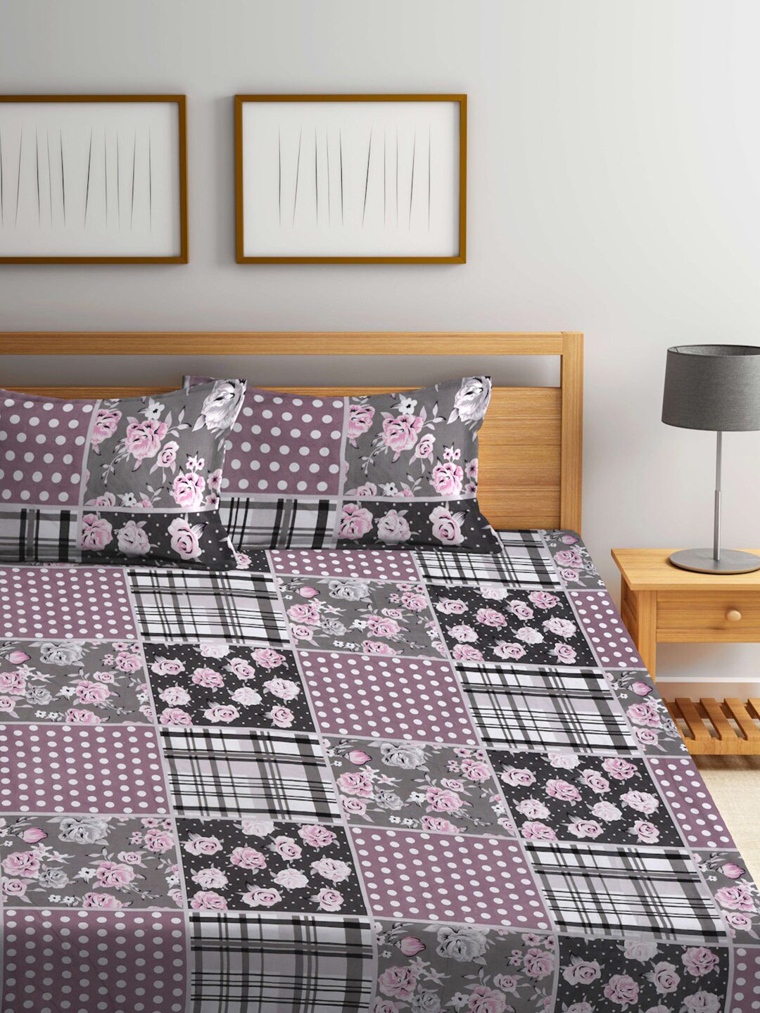 KLOTTHE Grey Floral Printed 300 TC Fitted Super King Double Bedsheet with 2 Pillow Covers