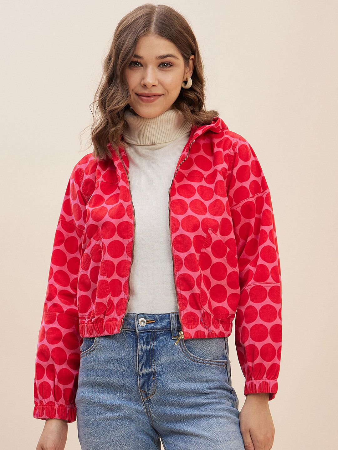 Antheaa Pink Geometric Printed Hooded Neck Corduroy Crop Bomber Jacket