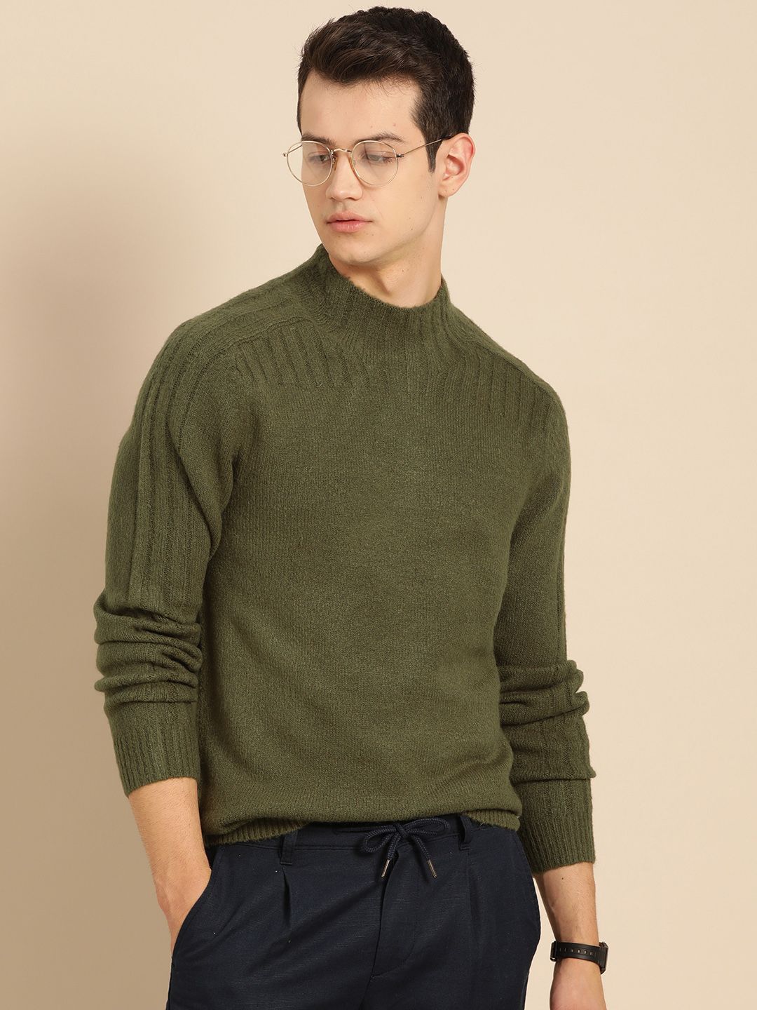 Mr Bowerbird Men Olive Green Solid Pullover