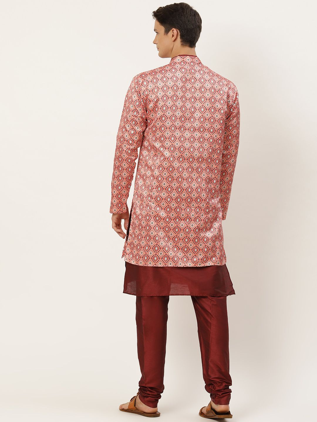 SOJANYA Men Pink & Maroon Ethnic Motifs Print Kurta & Churidar with Tailored Jacket