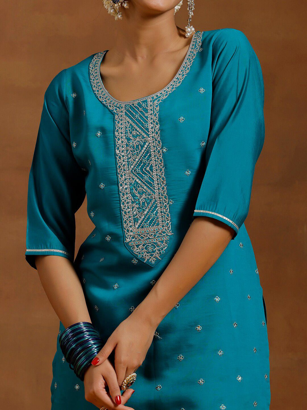 Gerua By Libas Floral Embroidered Sequinned Kurta With Trousers & Dupatta