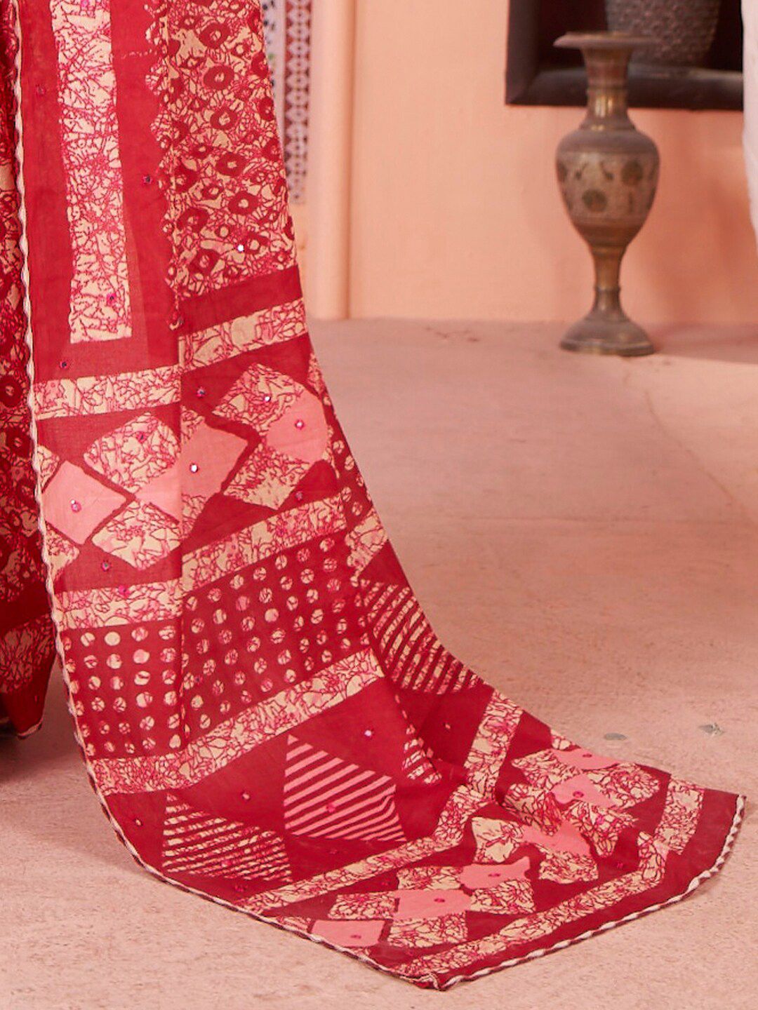 Saree mall Mirror Work Poly Cotton Designer Block Print Sarees