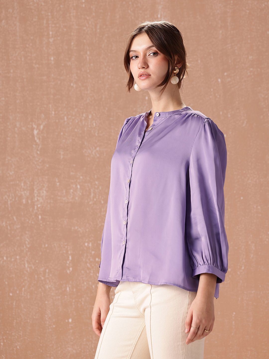 all about you Band Collar Gathers Semiformal Shirt