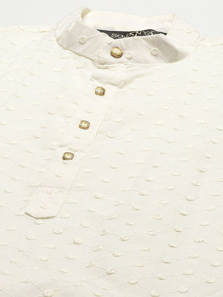 SOJANYA Lelaki Kurta Kapas Tulen Chikankari Berwarna Krim dengan Jaket Churidar & Nehru