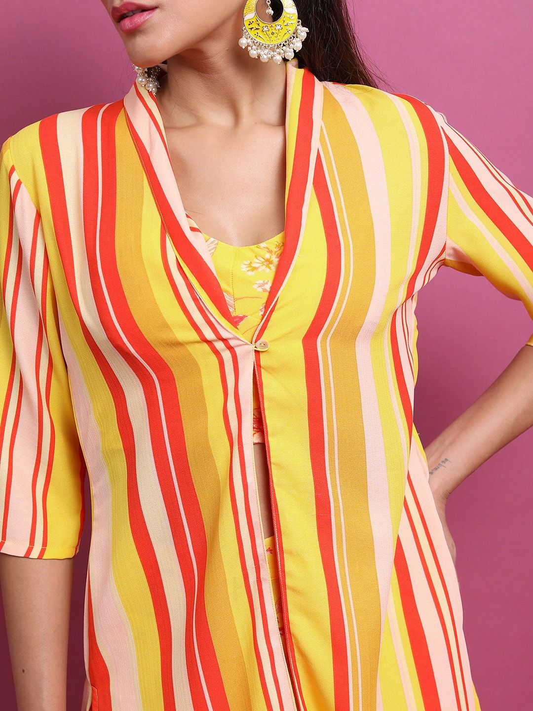 Vishudh Yellow Printed Regular Top with Palazzos And Jacket