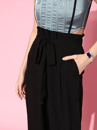 Berrylush Women Black Solid High-Rise Pleated Trousers with Suspenders