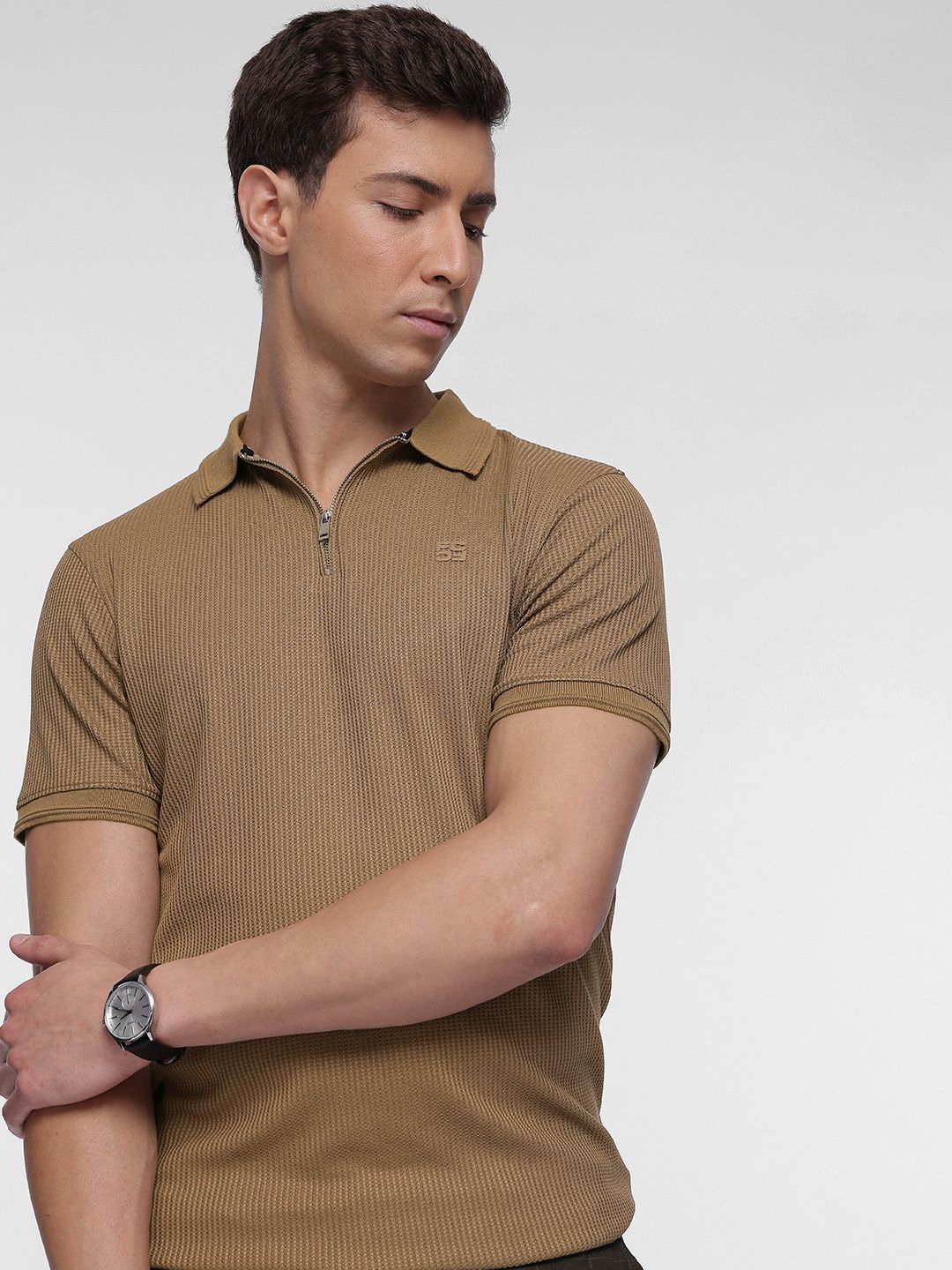 French Connection Self-Design Textured Polo Collar T-shirt