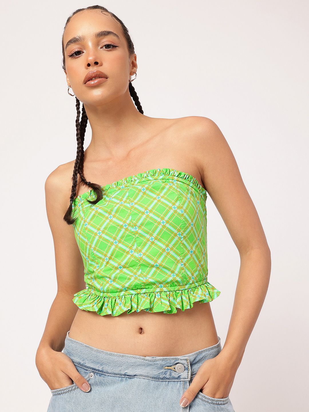 DressBerry Picnic Perfect Checked Ruffled Crop Bardot Top